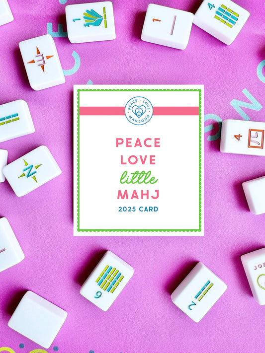 2025 Little Mahj Card for Kids and Beginners on pink background with Mahjong tiles.