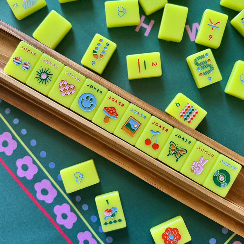 Mod Chartreuse Tiles featuring mid-century retro motifs with modern flair, vibrant mahjong set.