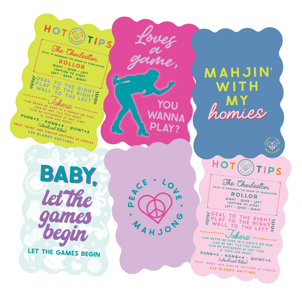 Mahjong Tile Shufflers set with scalloped designs and playful phrases.