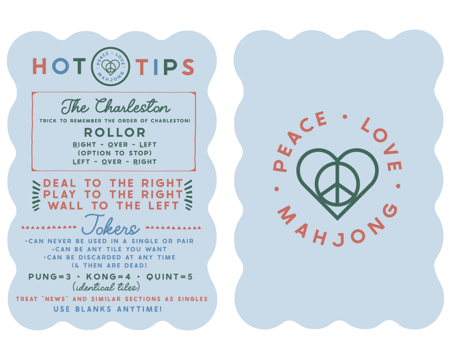 Scalloped Mahjong Tile Shufflers set of 2 with Peace and Love design, front and back printing, 7.25x5.125 inches, .8mm thick.