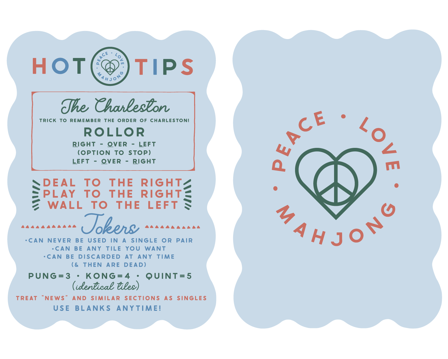 Scalloped Mahjong Tile Shufflers set of 2 with Peace and Love design, front and back printing, 7.25x5.125 inches, .8mm thick.