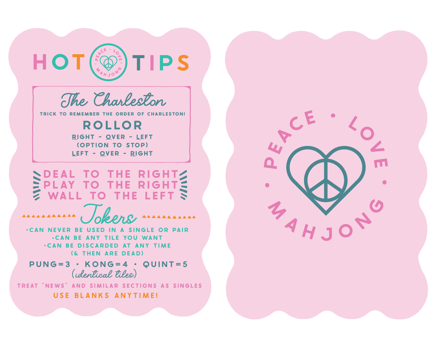 Mahjong Tile Shufflers with scalloped edges featuring peace and love design.