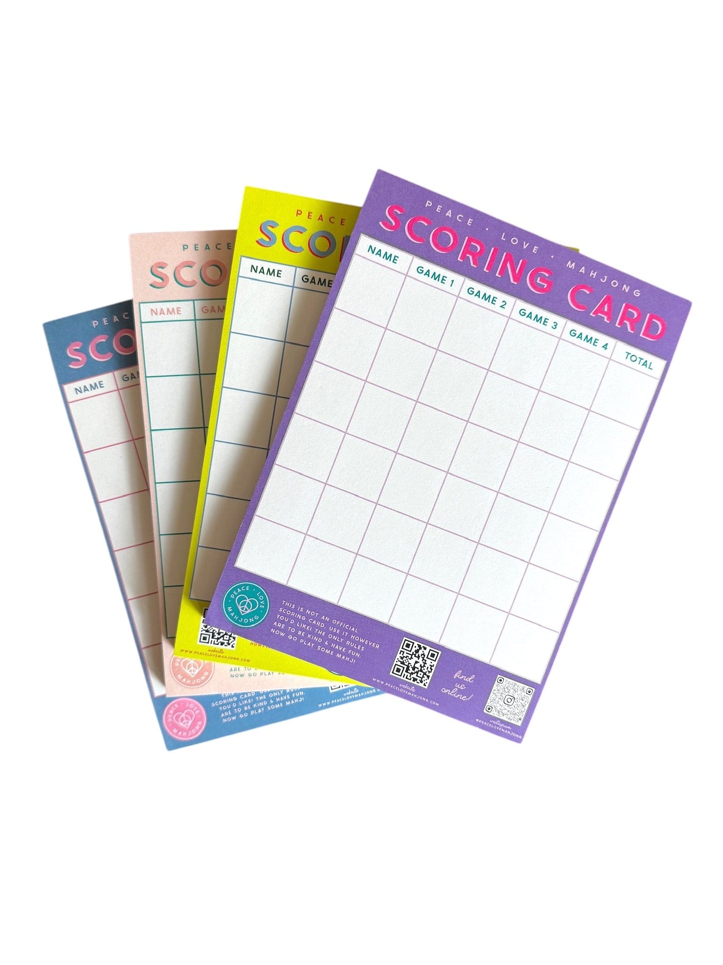Mahjong Scoring Notepad with colorful sheets for tracking game scores, 5x7 size, 50 sheets per notepad.