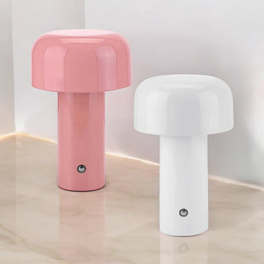 Mod Mushroom Lamp in pink and white, rechargeable LED, retro vibe.