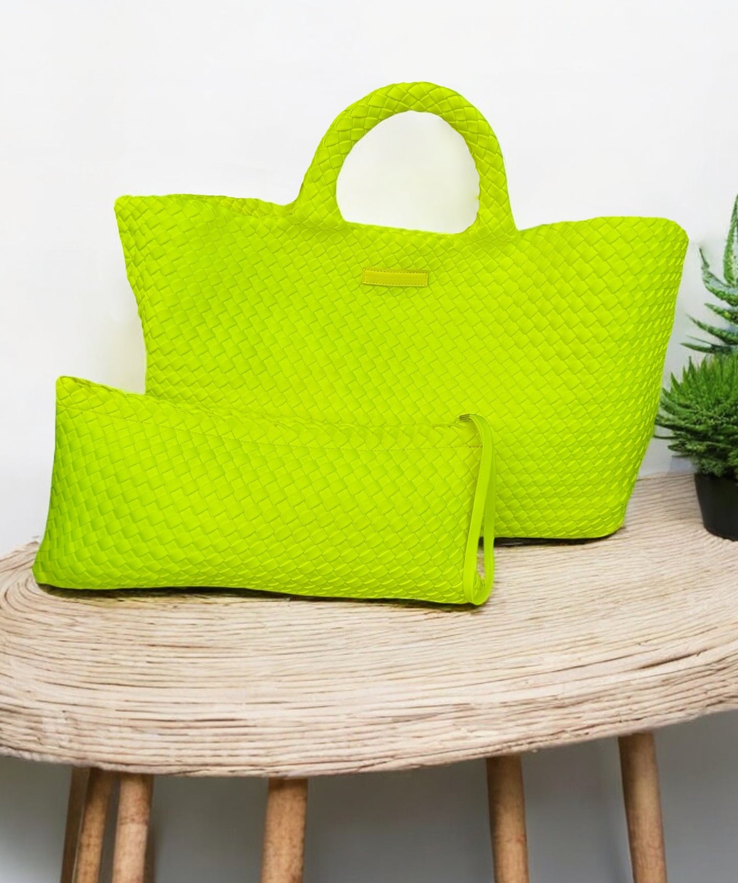 Woven Mahjong Carryall in Chartreuse with Matching Tile Pouch on Table