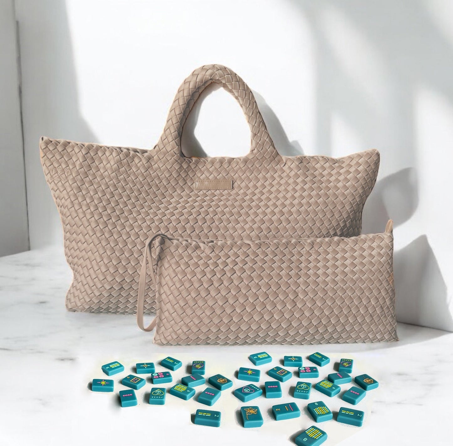 Woven Mahjong Carryall bag with matching pouch, designed to hold mahjong essentials, in durable neoprene.