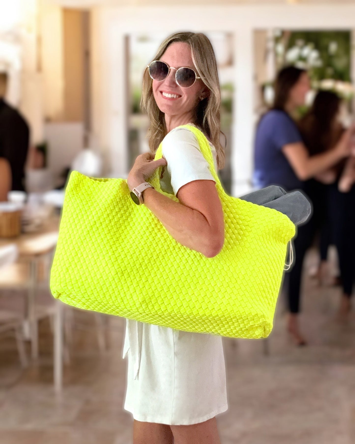 Woven Mahjong Carryall bag in chartreuse, featuring a durable neoprene material and detachable crossbody strap, perfect for organizing mahjong essentials.