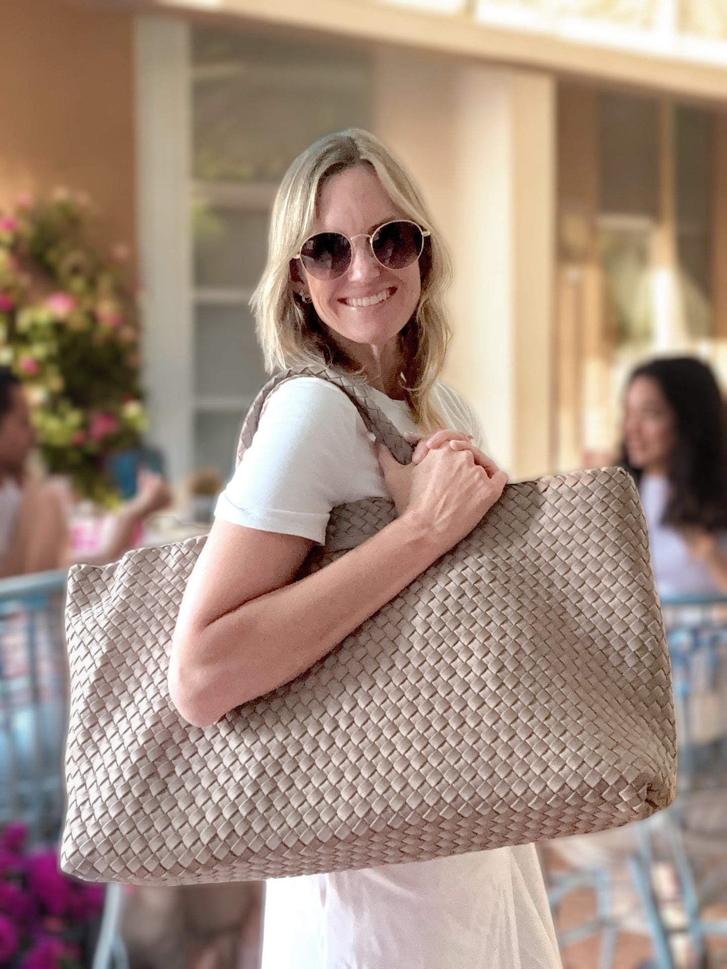 Woven Mahjong Carryall in fawn, featuring removable pouch and crossbody strap, ideal for game essentials.