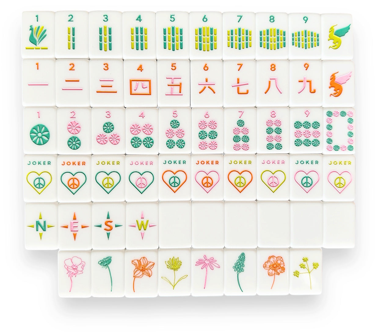 Vibrant Vibes Mahjong Set with colorful tiles on white background.