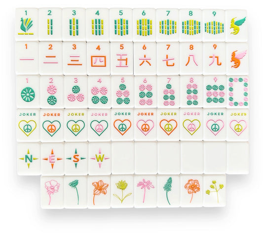 Vibrant Vibes Mahjong Set with colorful tiles on white background.