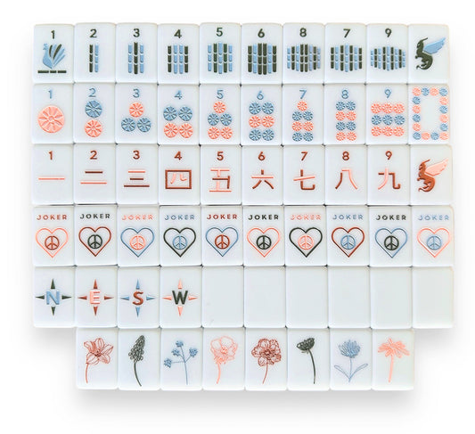 OG Mahj Tiles - Desert Dreams luxury mahjong set with earthy tones and light blue accents, featuring 160 acrylic tiles and modern design elements.
