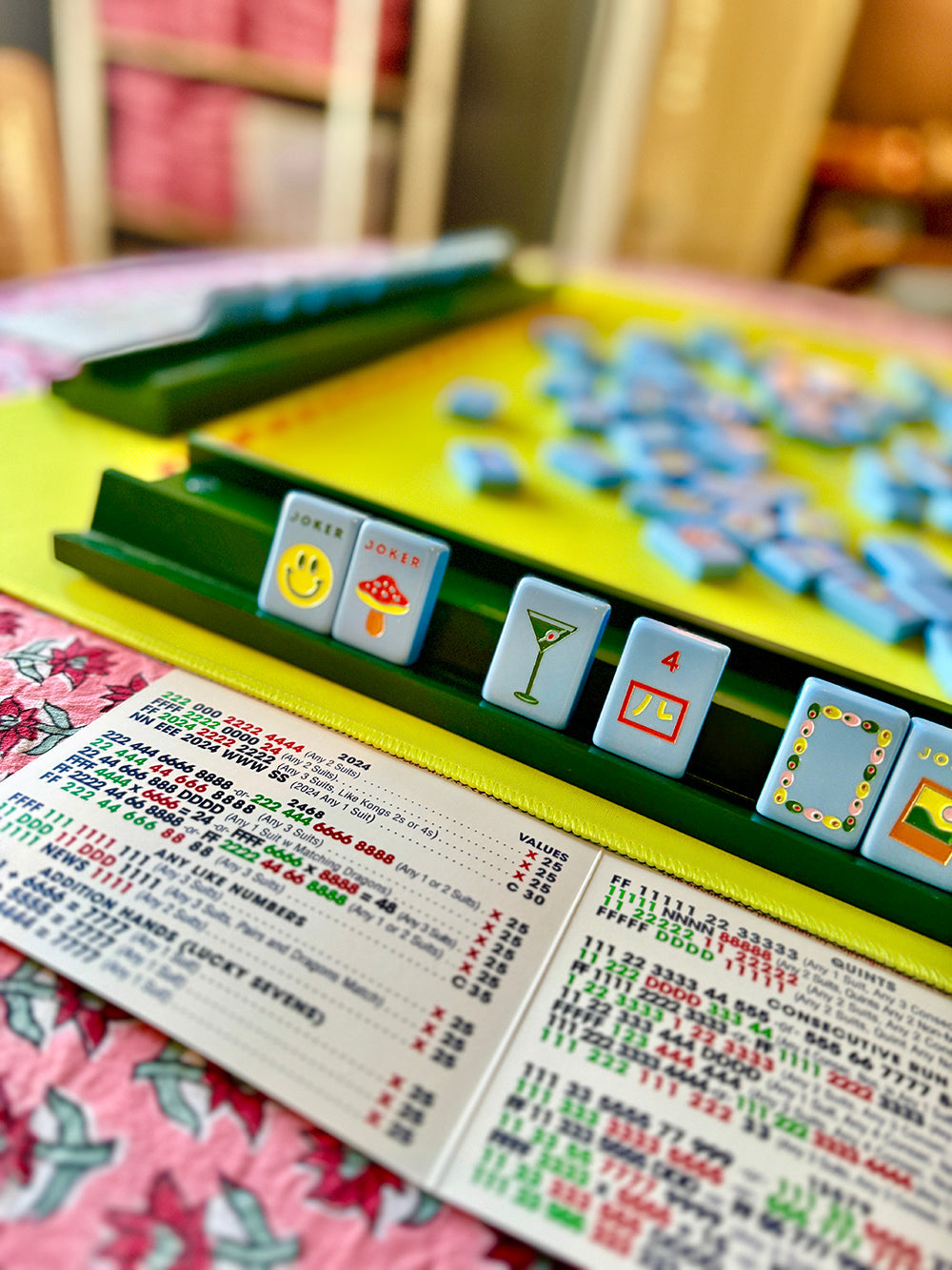 mahjong racks and pushers set in play with colorful tiles