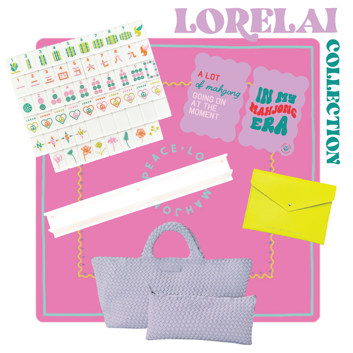 Vibrant Vibes Mahjong Set with colorful acrylic tiles and accessories on pink backdrop.