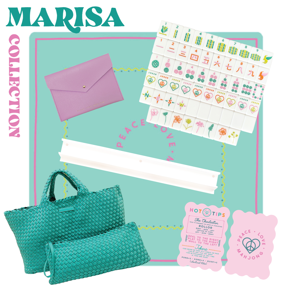 Mahjong set with vibrant tiles, teal bag, lavender envelope, and game accessories.