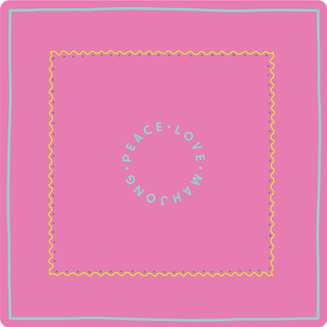 Neoprene mat with "Peace Love Mahjong" design in pink and yellow, size 31.5" x 31.5".