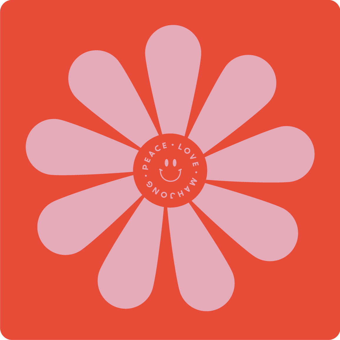 Red neoprene mat with pink flower design and "Peace Love Snohws" text in the center, size 31.5" x 31.5".