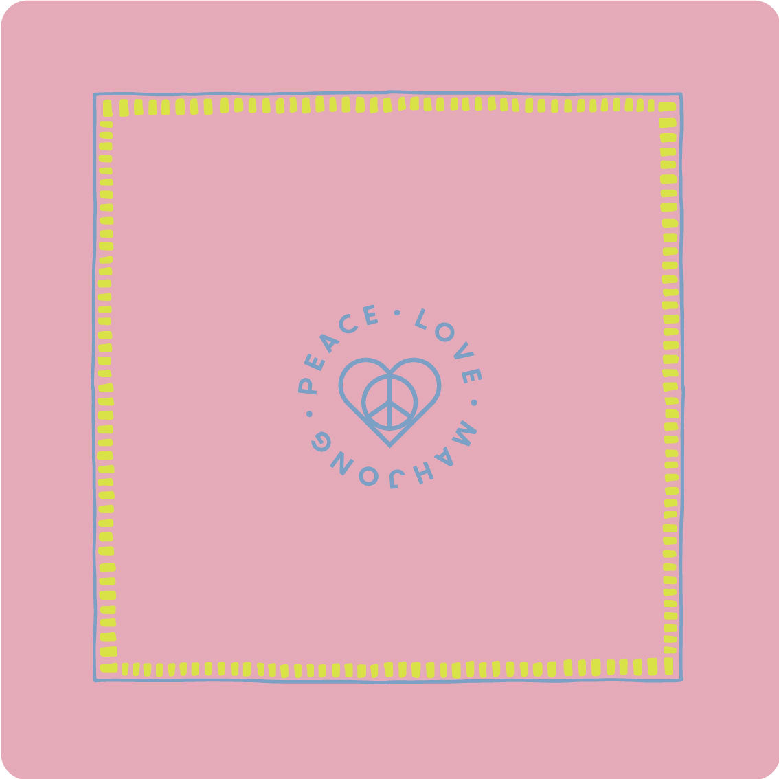 Durable neoprene mat with a pink design featuring "Peace Love Mahjong" text in the center.
