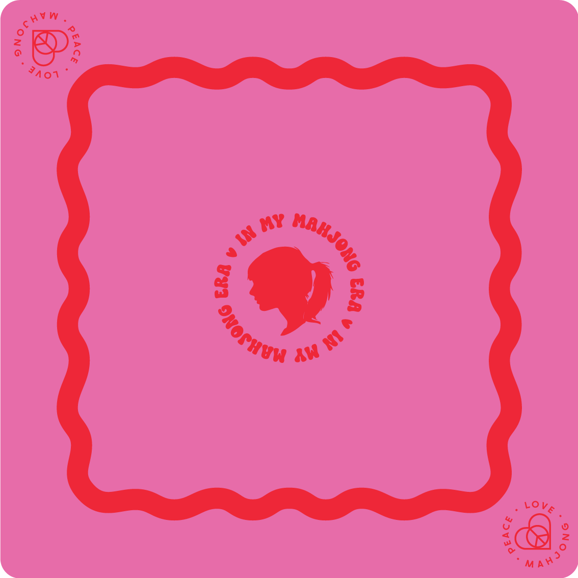 Neoprene game mat in pink with decorative red designs, size 31.5" x 31.5".