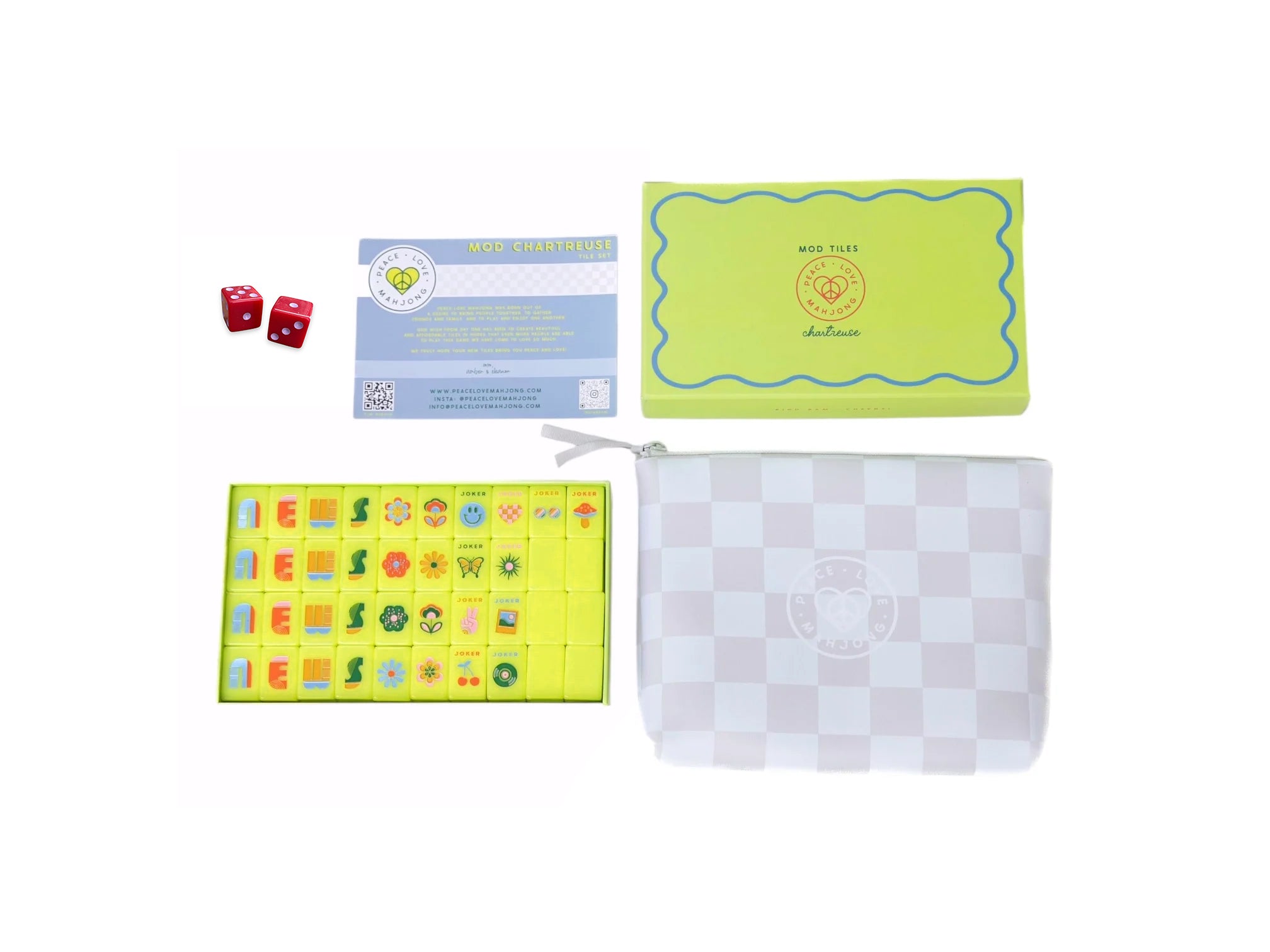 Mod Chartreuse Mahjong Tiles + Tile Pouch + Dice – Peace Love Mahjong