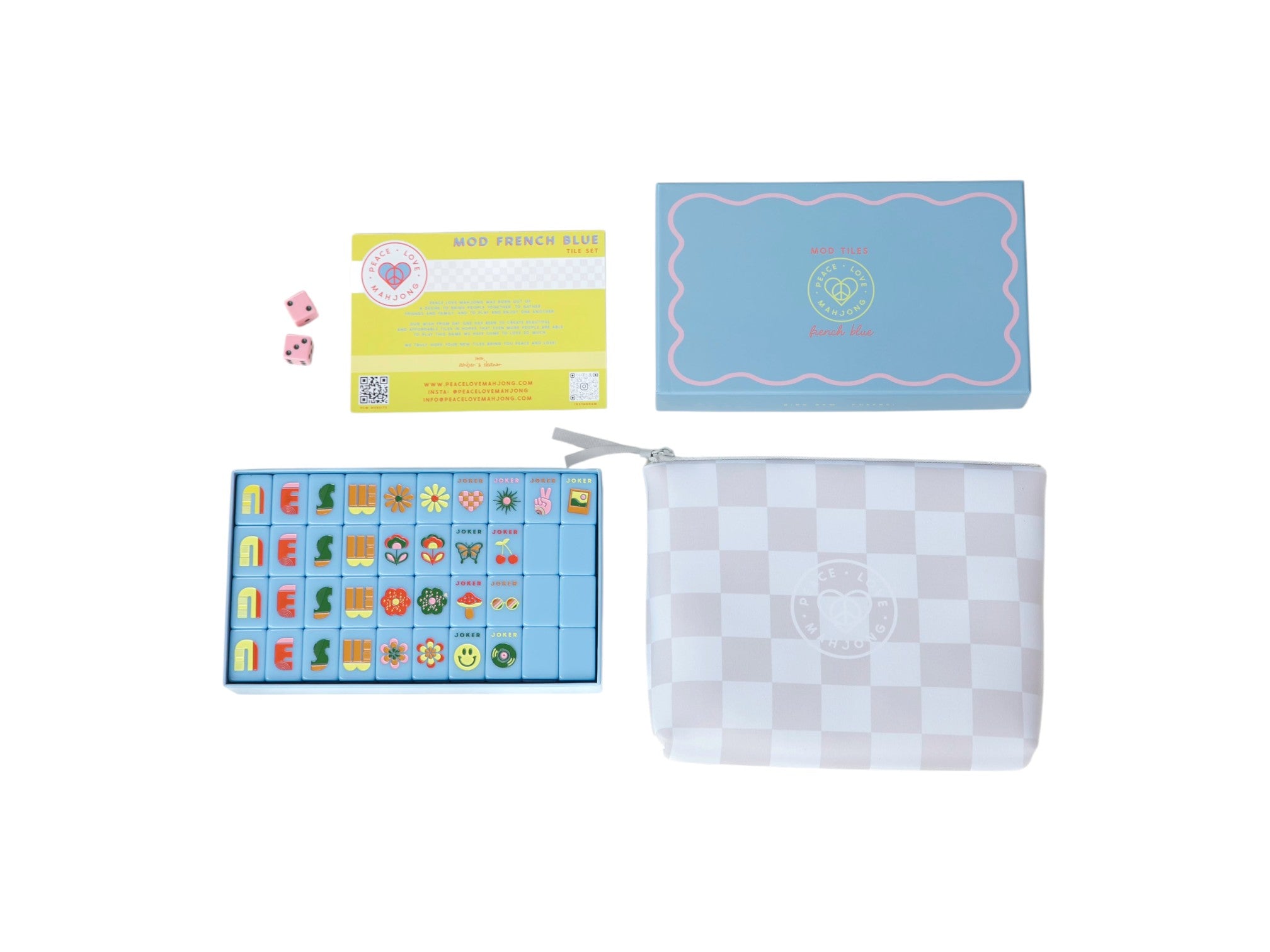Peace Love Mahjong Mod French Blue Mahjong Tiles with Tile Pouch and Dice